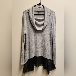 Cha Cha Vente Cowl-Neck Knit Top Lightweight With Mesh Ruffle Size L